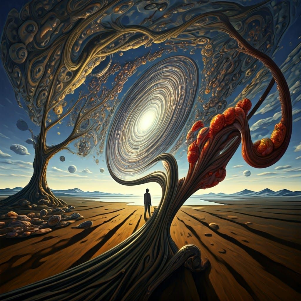 Surreal Landscape with Elastic Flora and Galaxy Vortex