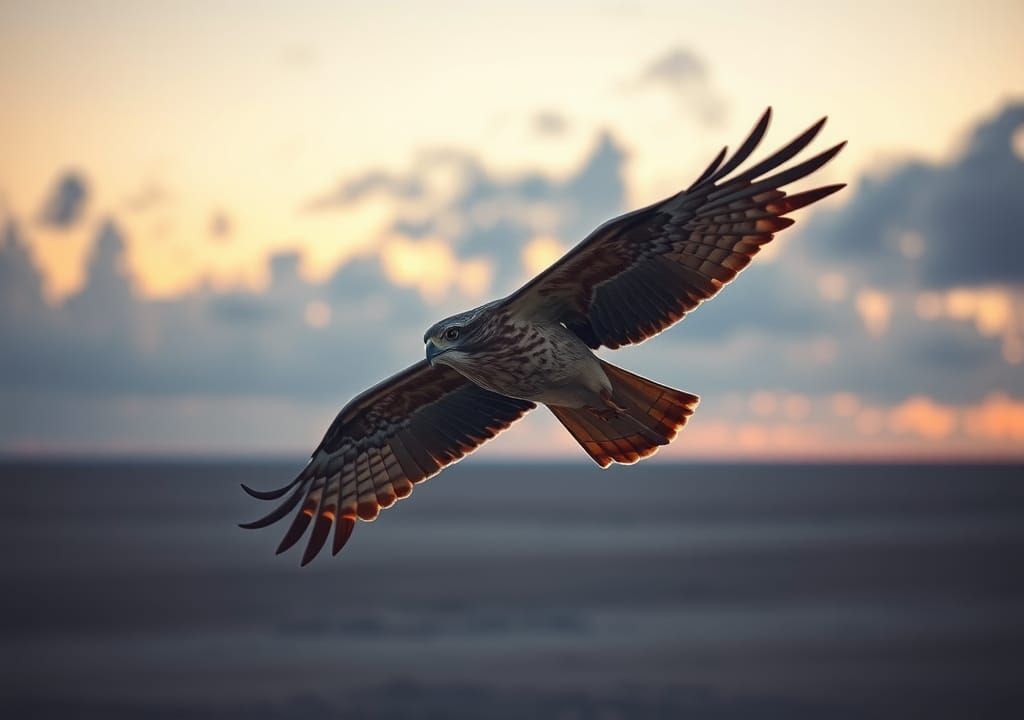 Hawk in Twilight Flight: Ethereal Digital Landscape