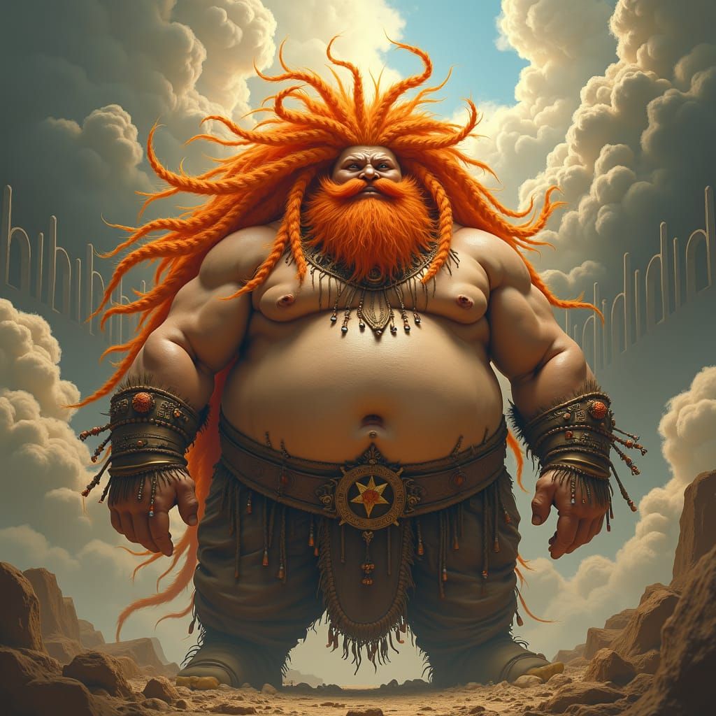 Orange Haired Overweight Man in Dreamlike Setting