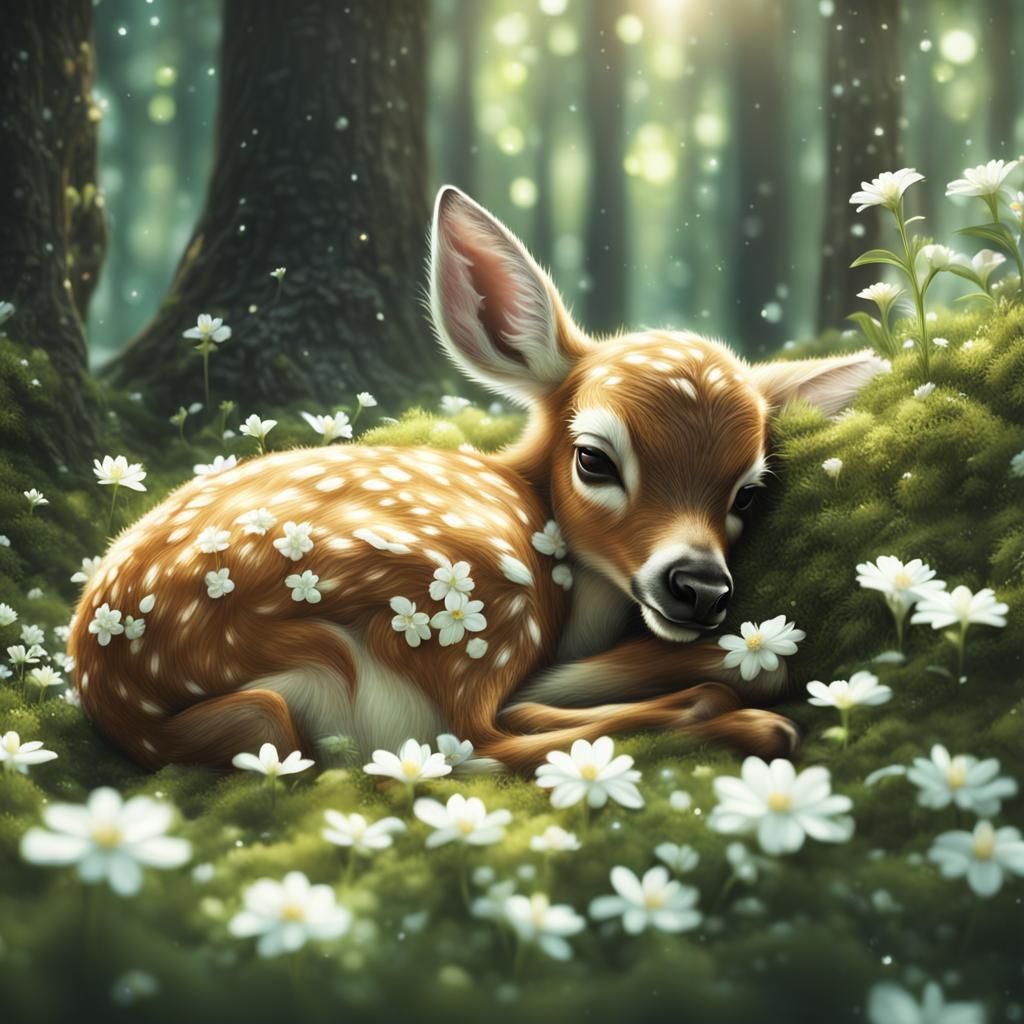 Adorable Baby Deer Sleeping in Summer Forest