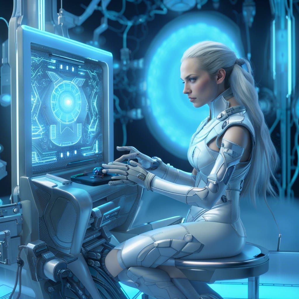 Renaissance Woman Plays Video Game in Laboratory