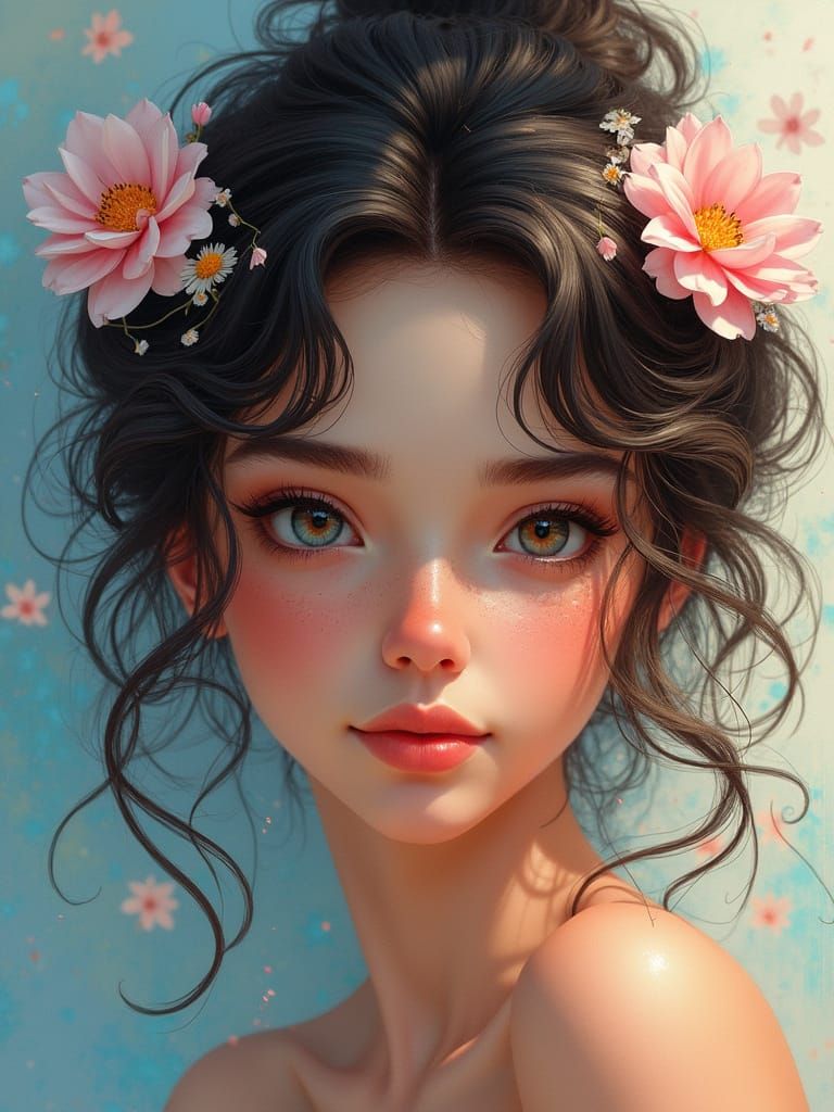 Elegant Young Woman with Spring Flowers in Her Hair