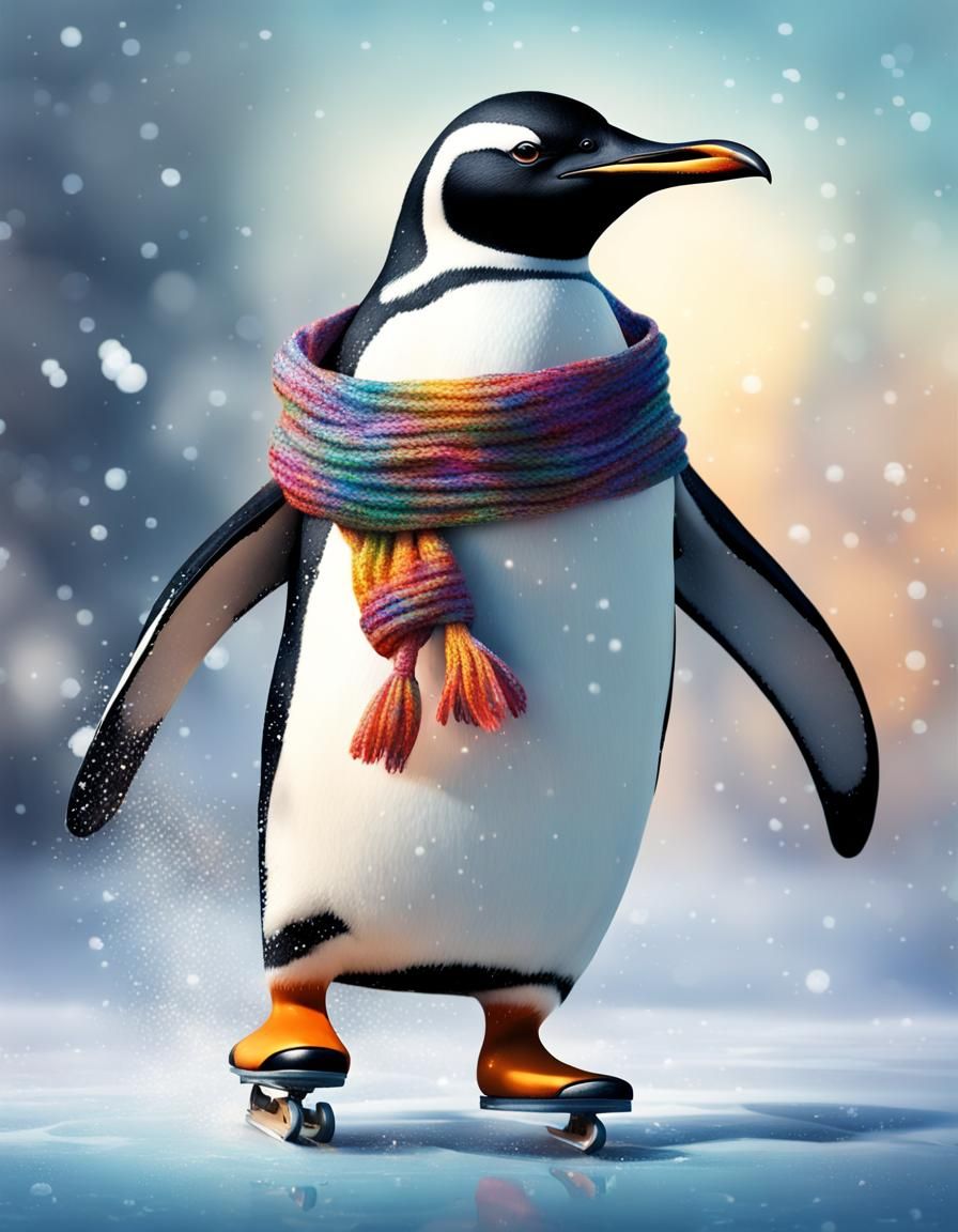 Hyperrealistic Penguin Ice Skating in Winter Scarf