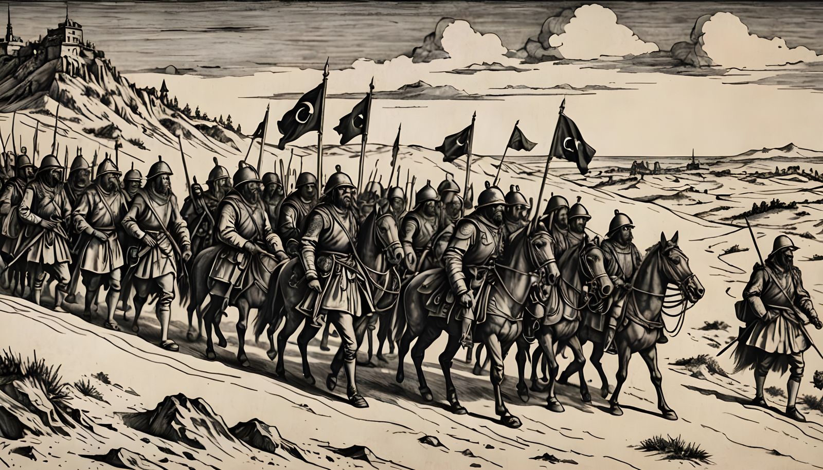 Turkish Warriors on Desert Dunes in Woodcut Style