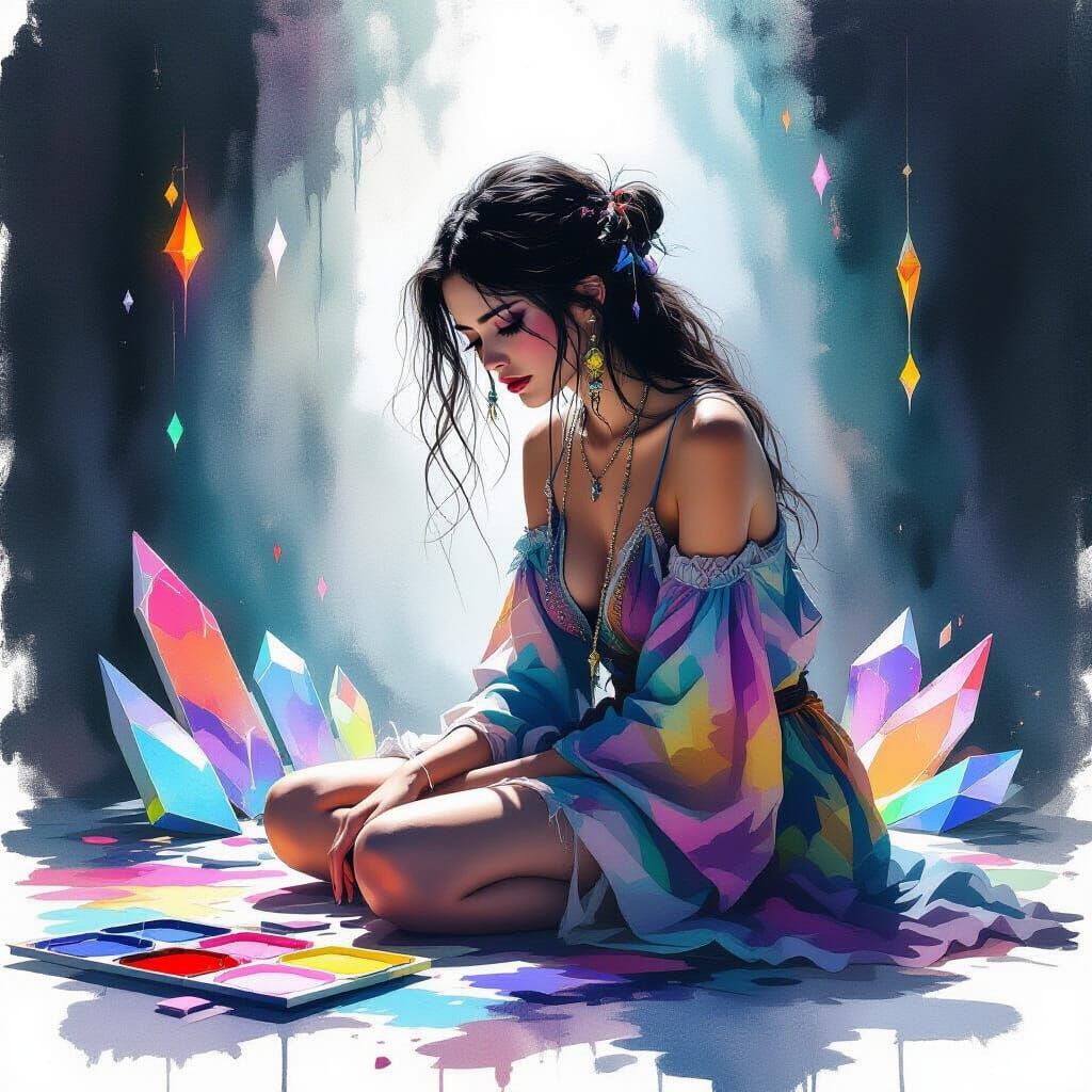 Melancholy Woman in Mystical Watercolor Prism Art