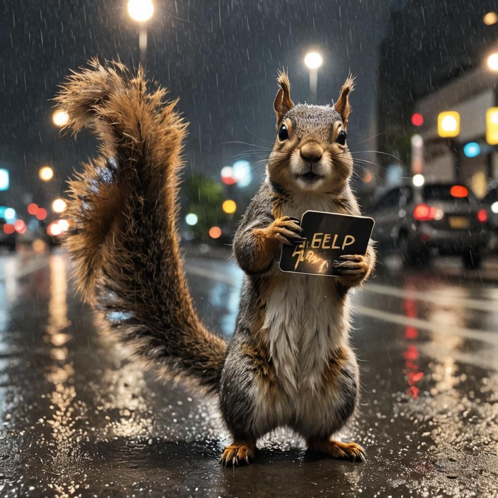 Squirrel Asks for Help in Rainy City
