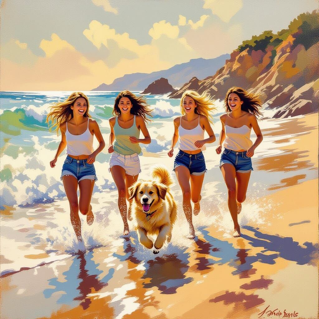Teenage Girls and Golden Retriever Run on Coastal Shore at G...