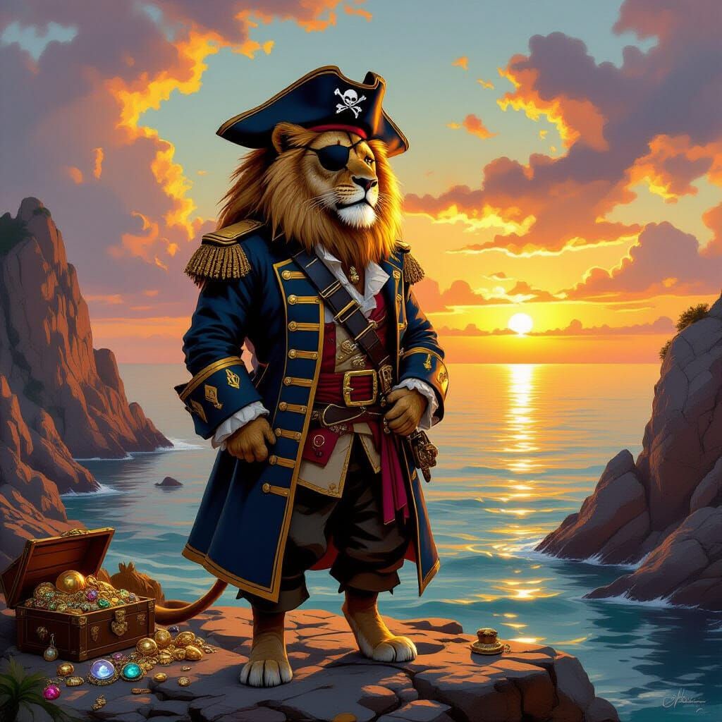 Pirate Lion Overlooking Treasure Cove, Baroque Style