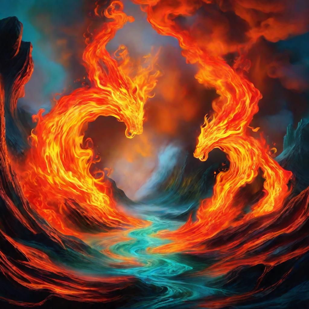 Fire Elementals Waltz in Volcanic Landscape, Fantasy Art