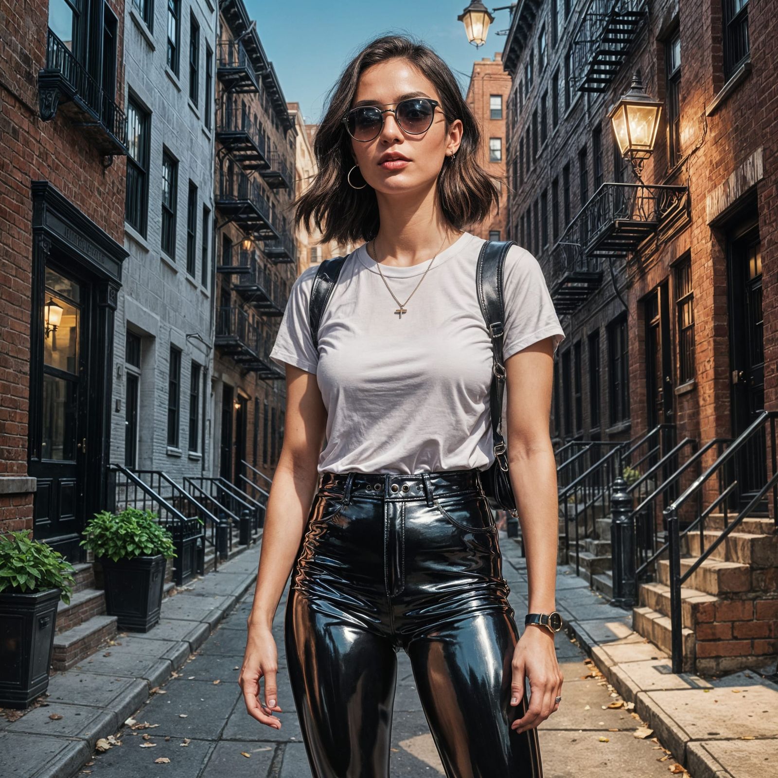 Woman in Latex Leggings on City Street