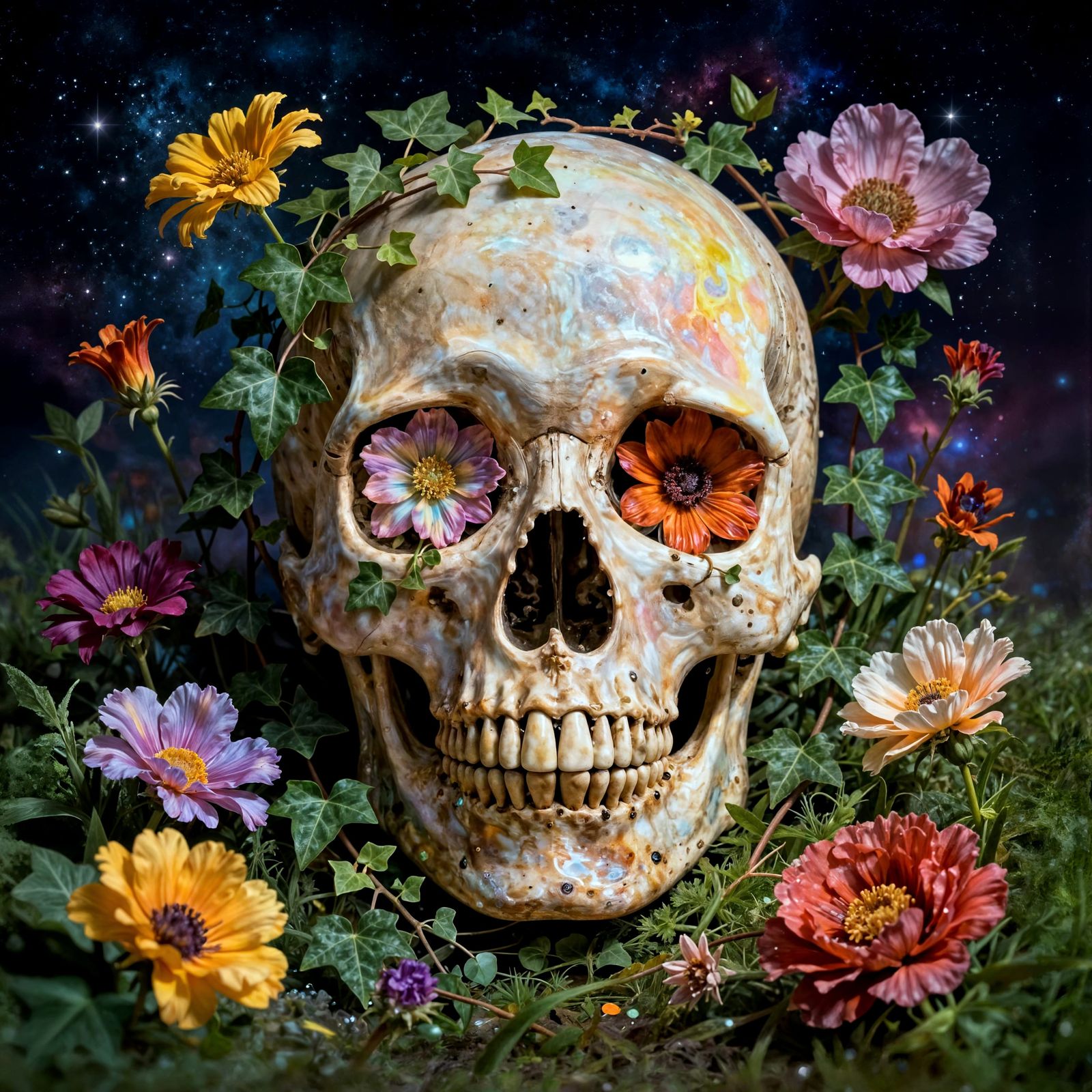 Vibrant Skull Garden with Cosmic Starry Background