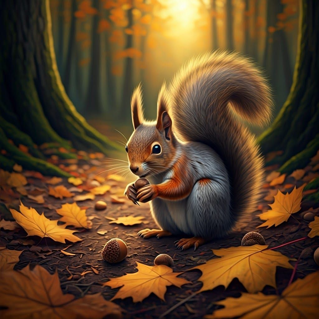 Majestic Squirrel Hiding Acorn in Autumnal Woodland