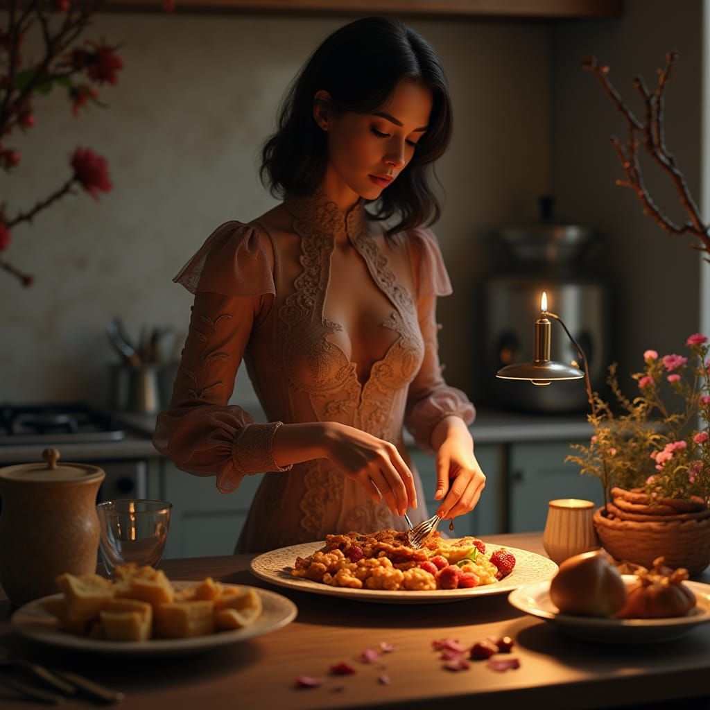 Sensual Woman Preparing Breakfast in Digital Art Style