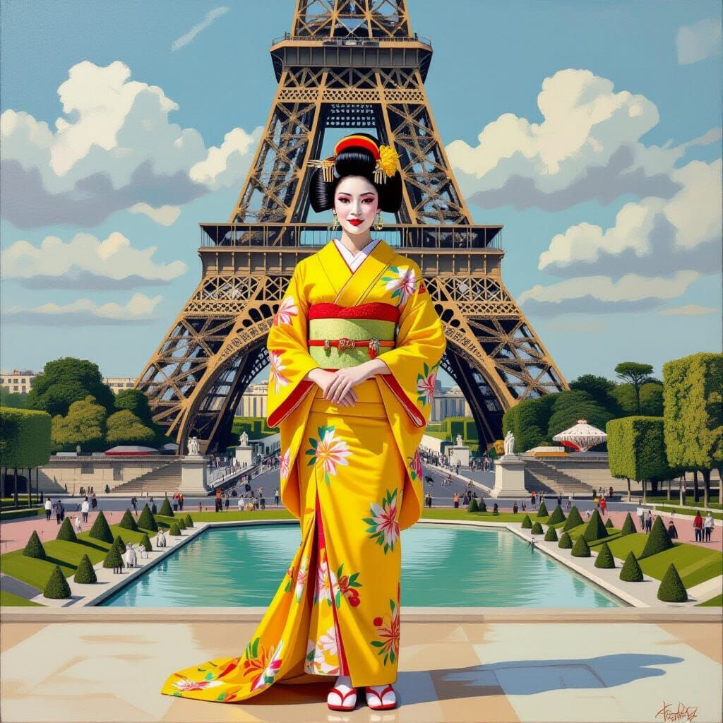 Thai Geisha Minion at Eiffel Tower: Cubist Hyperrealism