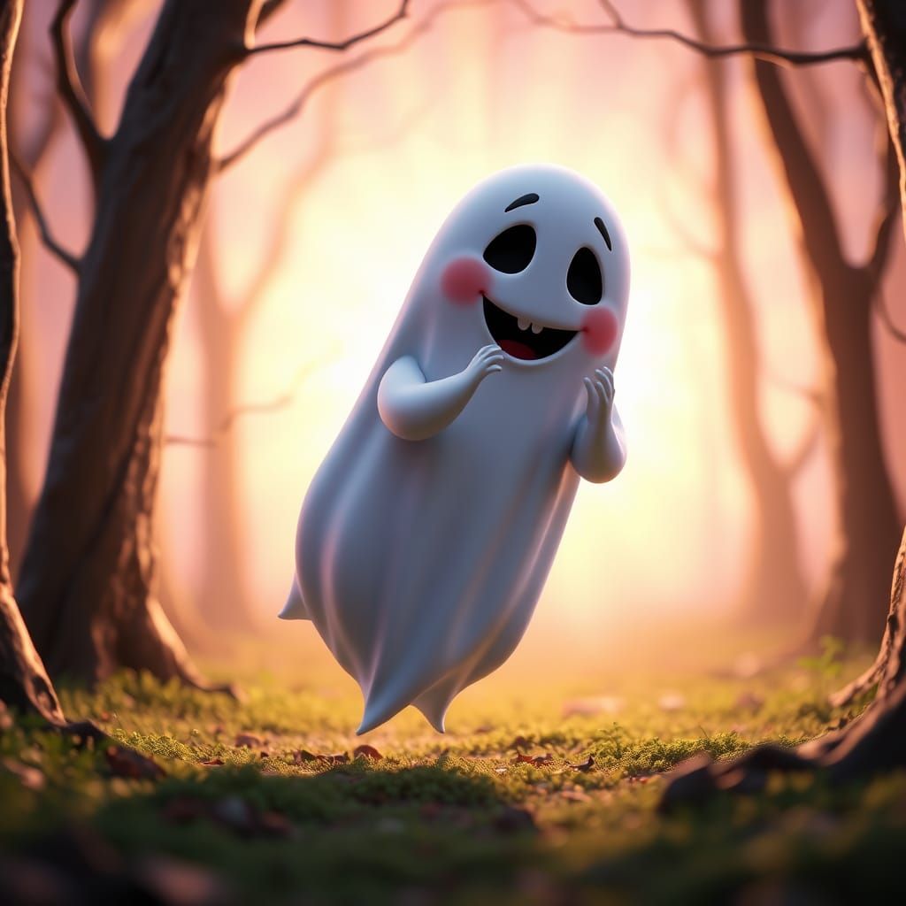 Sweet Ghost Dancing in Creepy Forest: 3D Digital Art