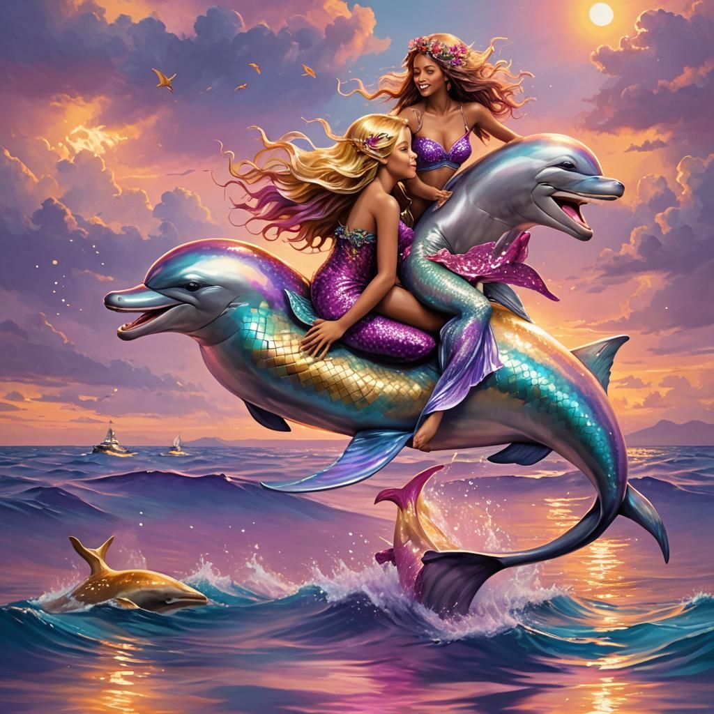 Golden Mermaid on Silver Dolphin with Sunset