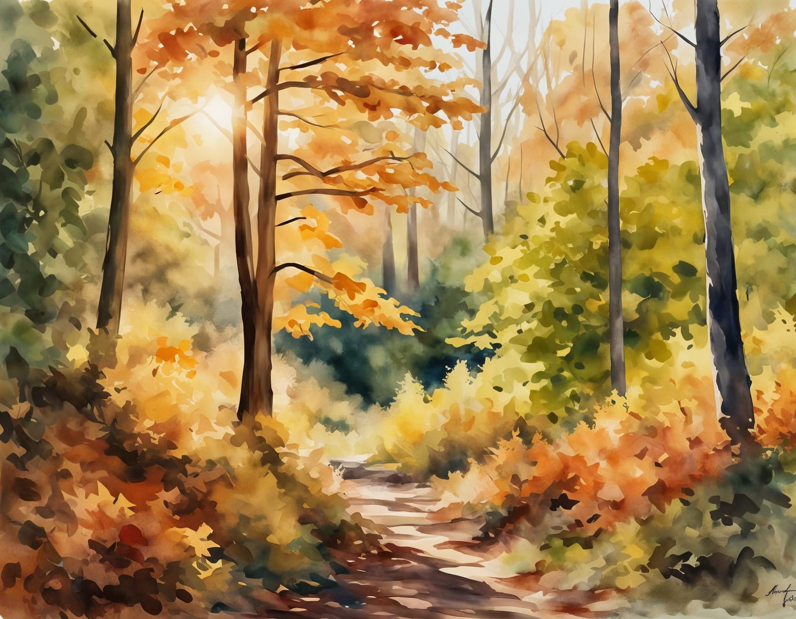 Lush Autumn Forest: Watercolor and Oil Painting