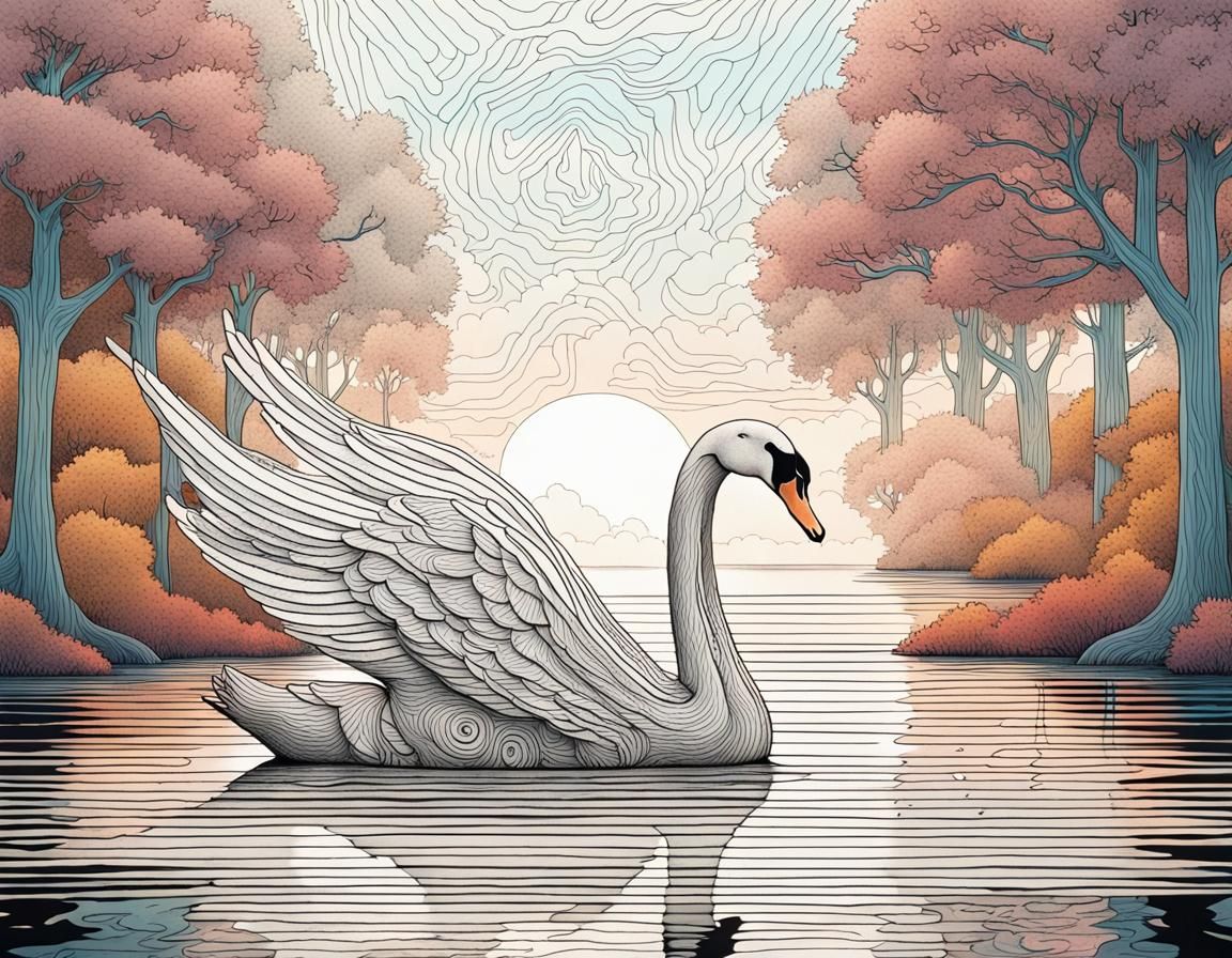 Swan on Lake: Intricate Ink Drawing in Solarpunk Style