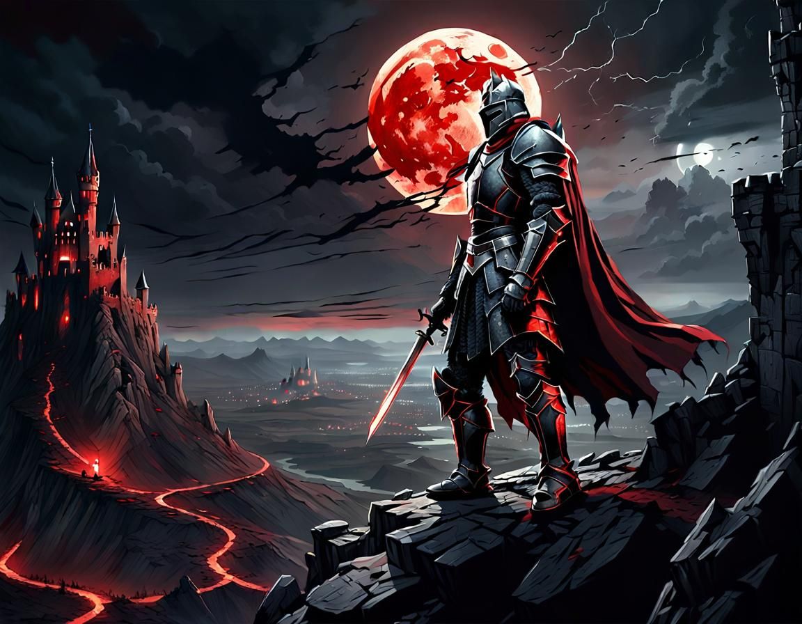Knight Overlooking Ruined Kingdom in Dark Fantasy Art