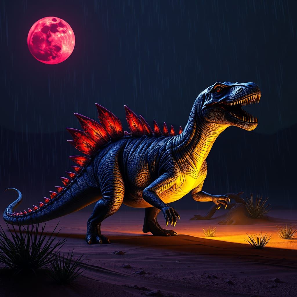 Dark Fantasy Dinosaur Battle in a Desert Night
