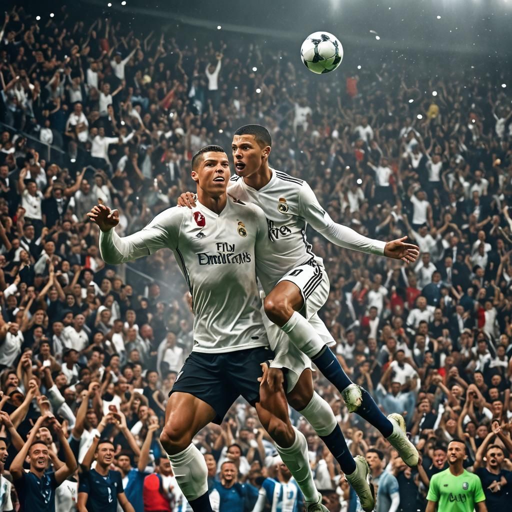 Ronaldo Kicks Goal as Mbappe Watches, Hyperrealistic 3D