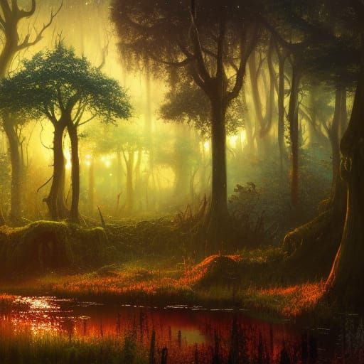 Lush Mushroom Forest Swampland at Night