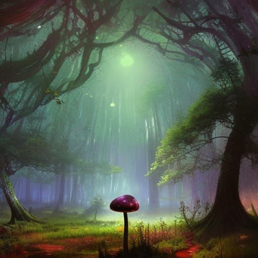 Enchanted Mushroom Forest Swampland under Starry Night