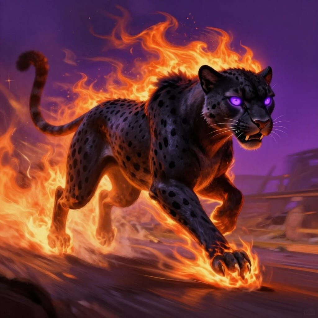Black Cheetah Running Fast with Fire Paws