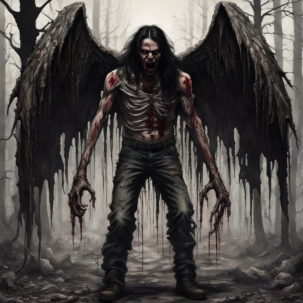 Horror Vampire Zombie in Forest with Bloody Axe