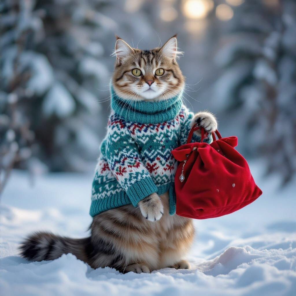 Majestic Maine Coon Cat Decorates Christmas Tree