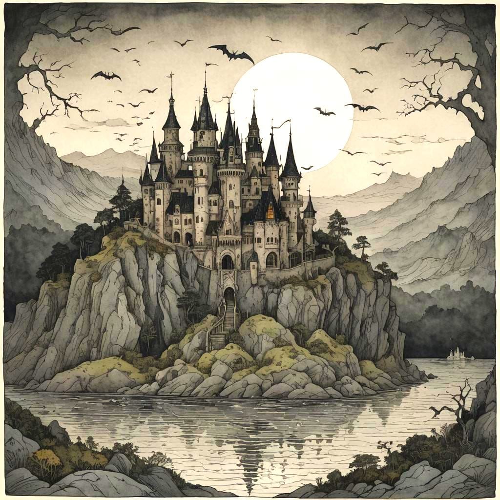 Haunted Castle on Island in Marsh at Night