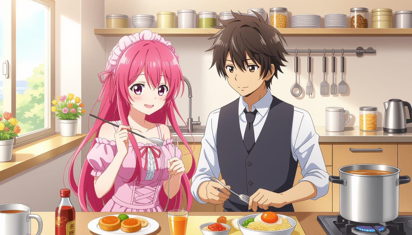 Couple with Unique Hairstyles in Anime Style