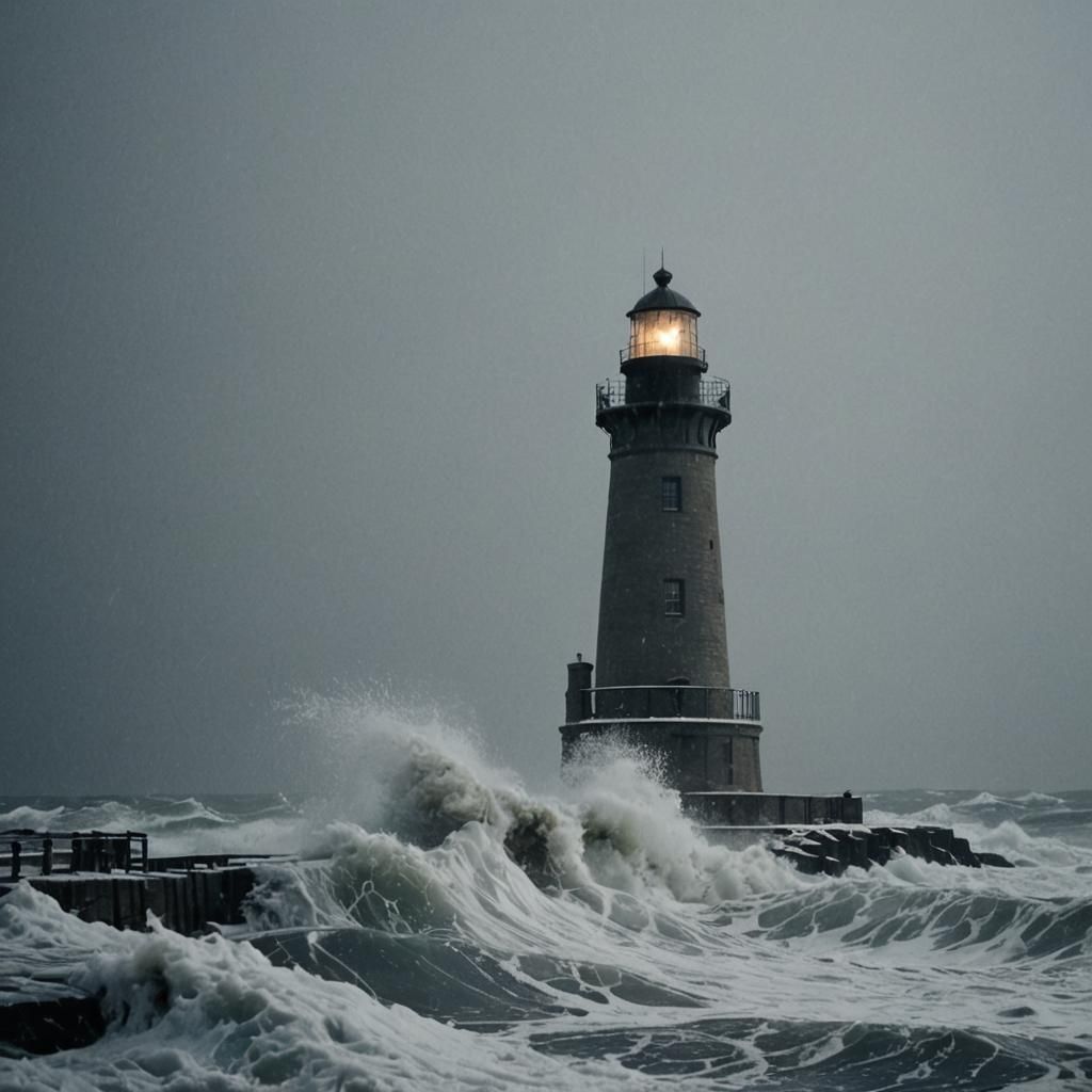 Lighthouse in Winter Storm: Dramatic Chiaroscuro Lighting