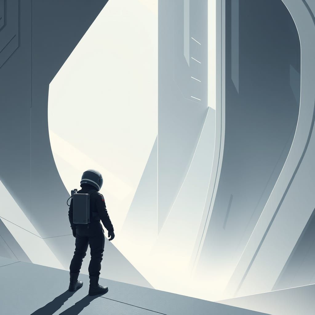 Astronaut at Minimalist Spaceport in Futuristic Style