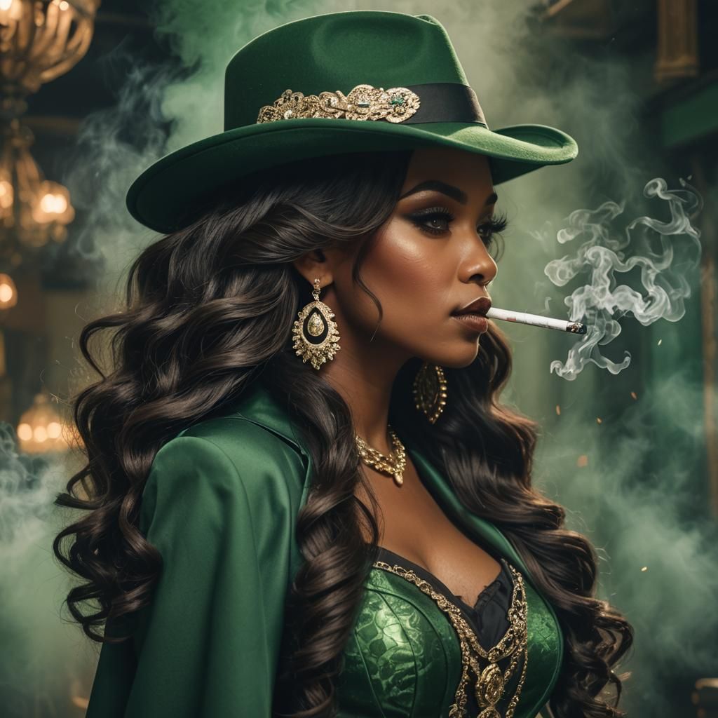 Elegant Woman as Mafia Boss with Colored Smoke