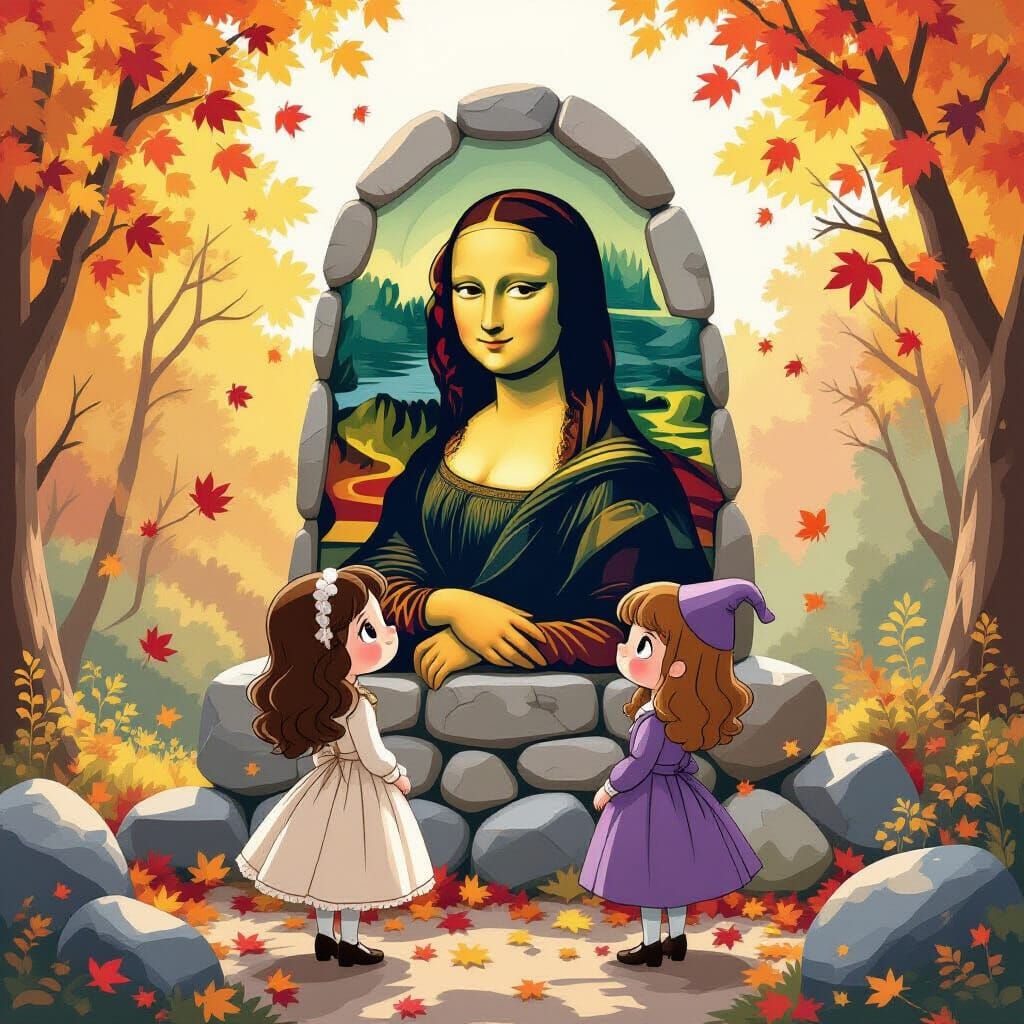 Cute Characters By Fallen Mona Lisa Statue In Autumn