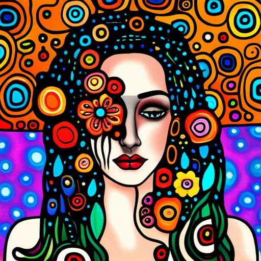 Woman with Dreadlocks, Flower Crown, Klimt-Inspired Art