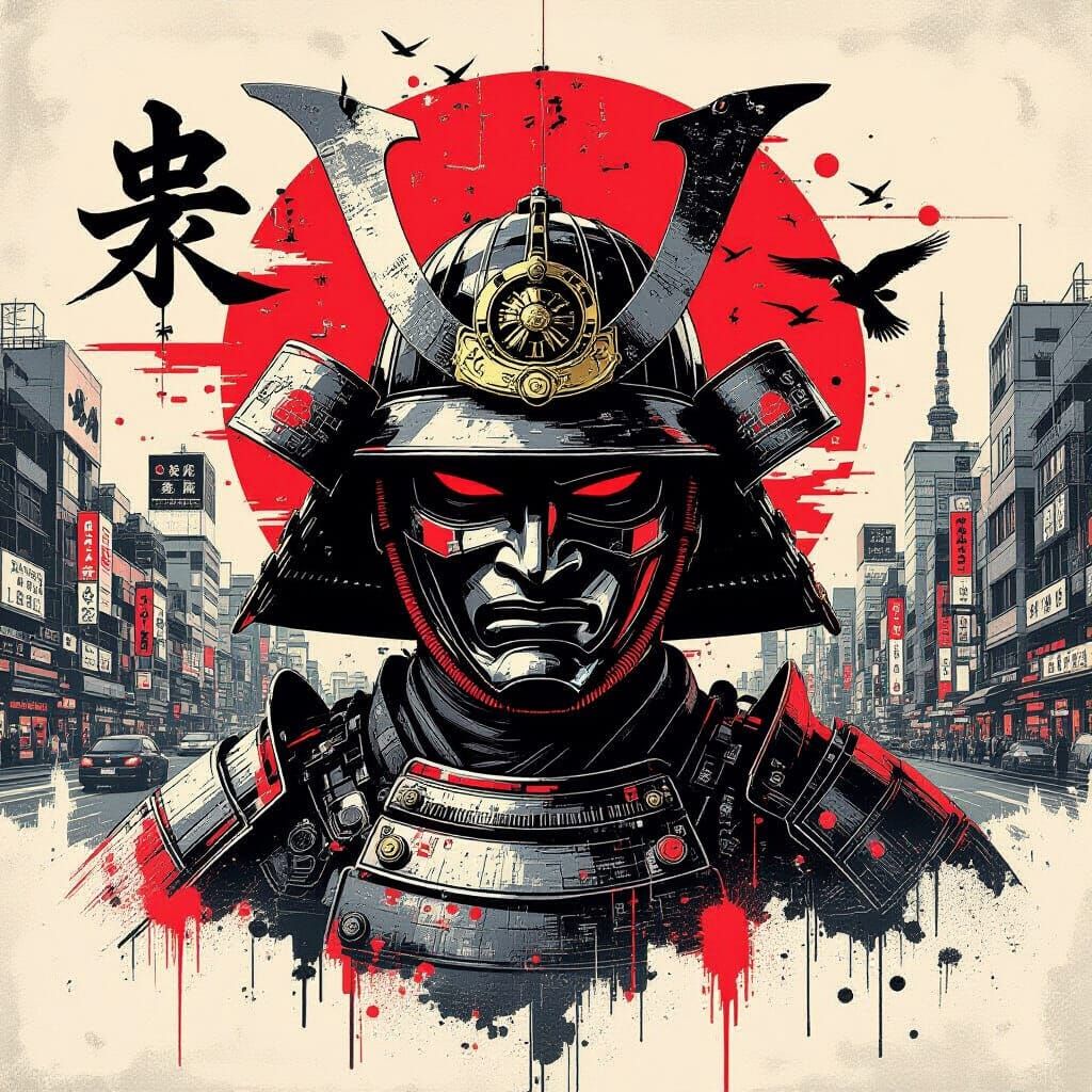 Samurai Helmet on Tokyo Map in Dark Future Style