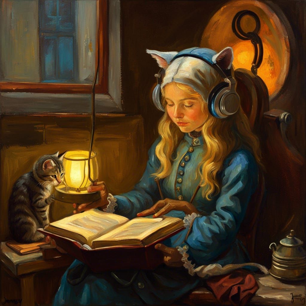 Medieval Cat-Girl Reading, Oil Painting Style
