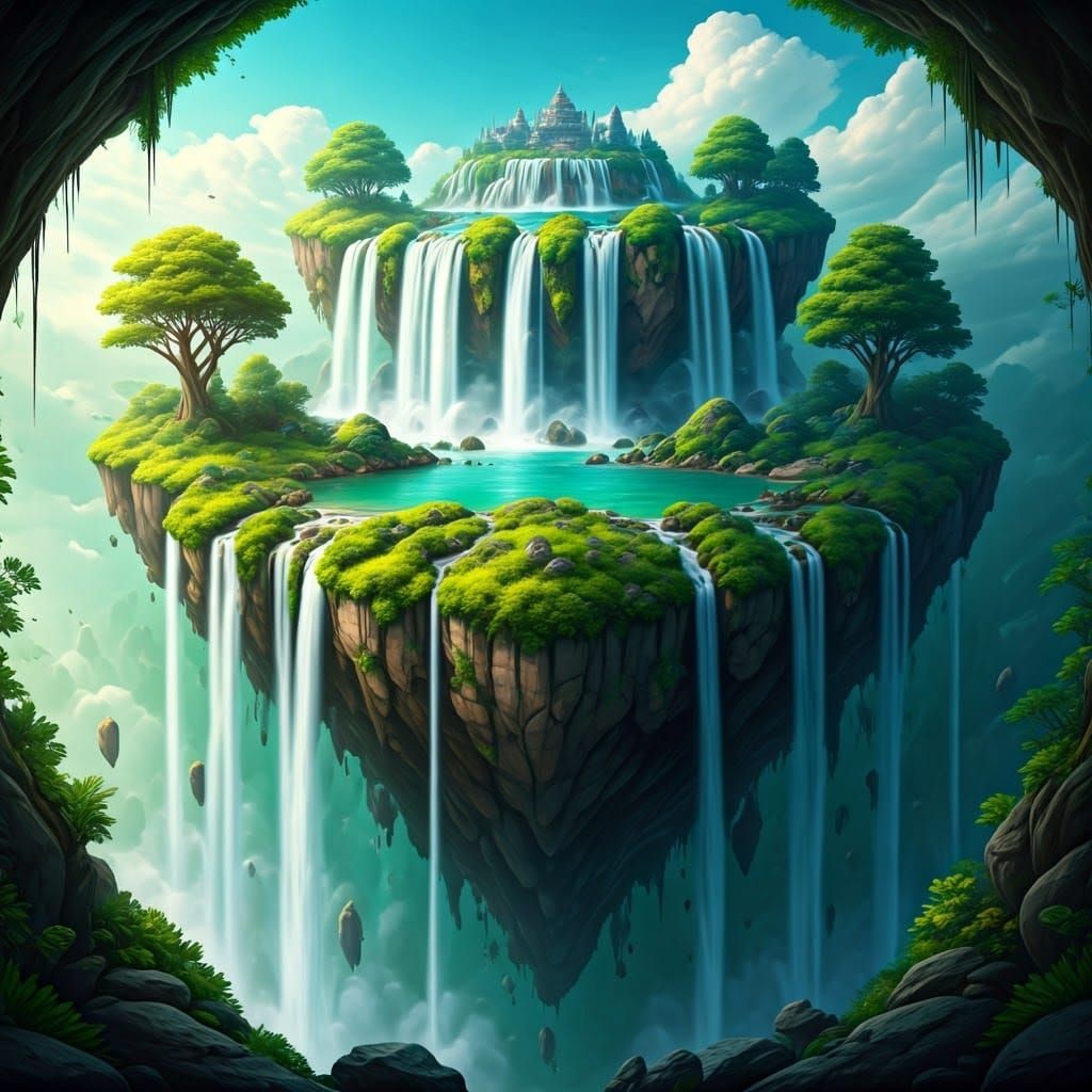 Floating Island with Emerald Waterfalls