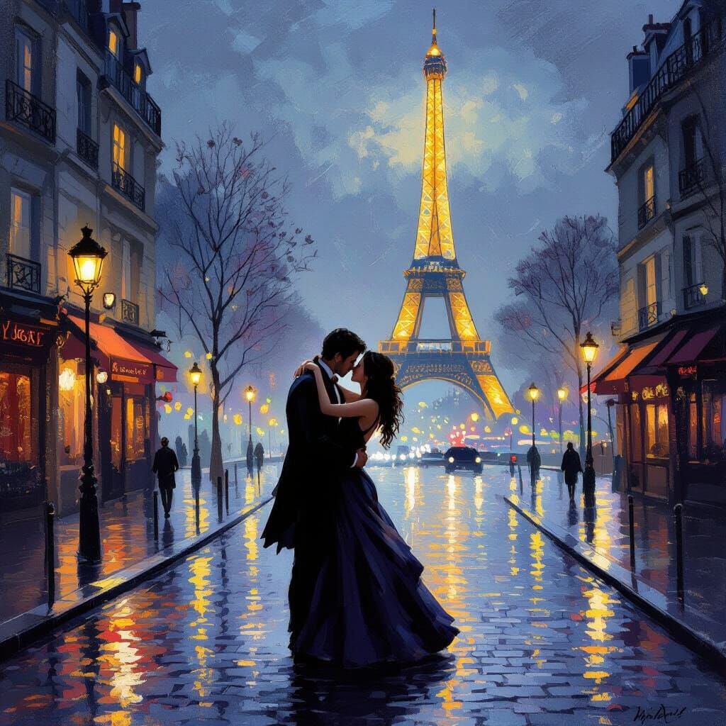 Romantic Parisian Couple Embracing Under Eiffel Tower Night ...