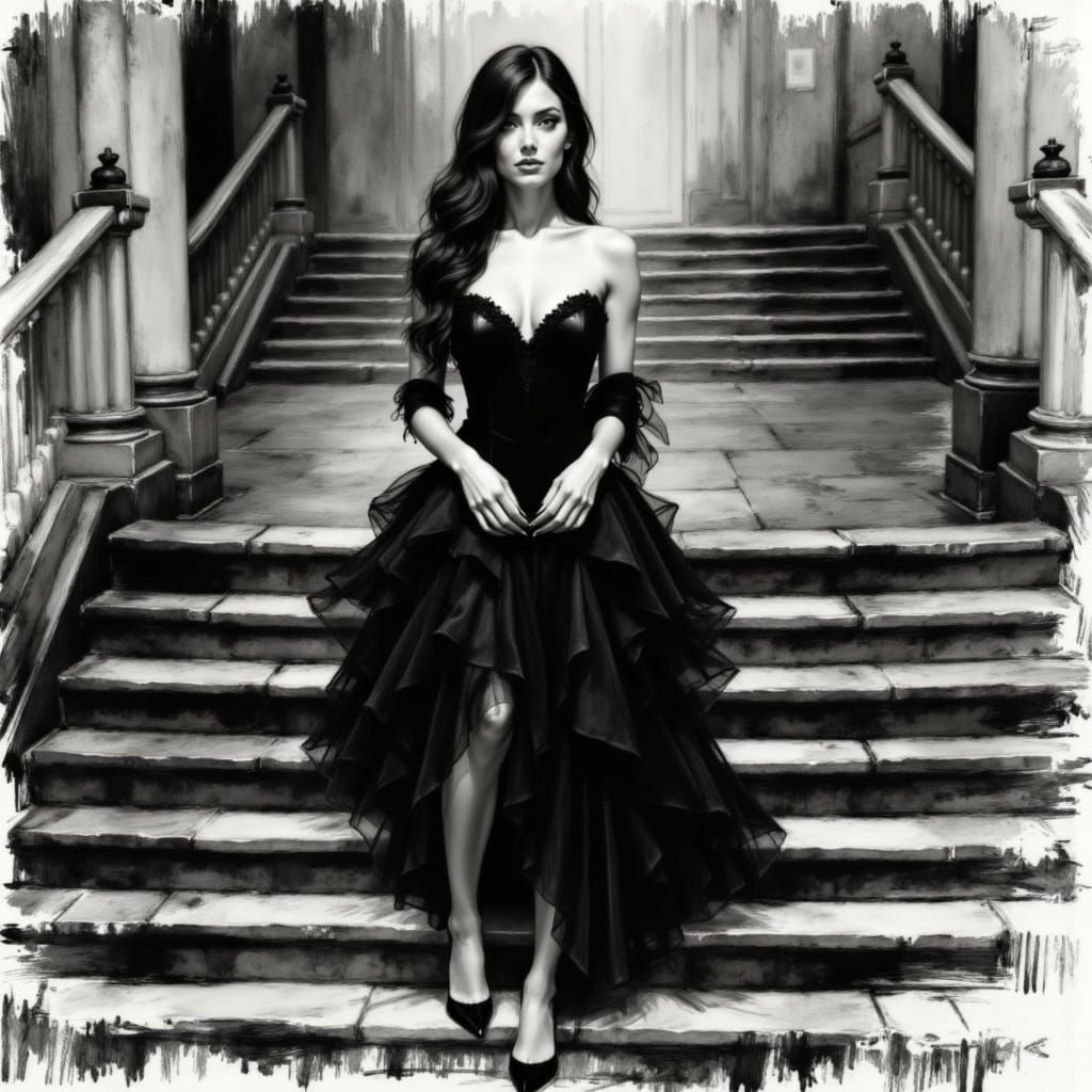 Woman in Black Dress on Stairs, Charcoal Art