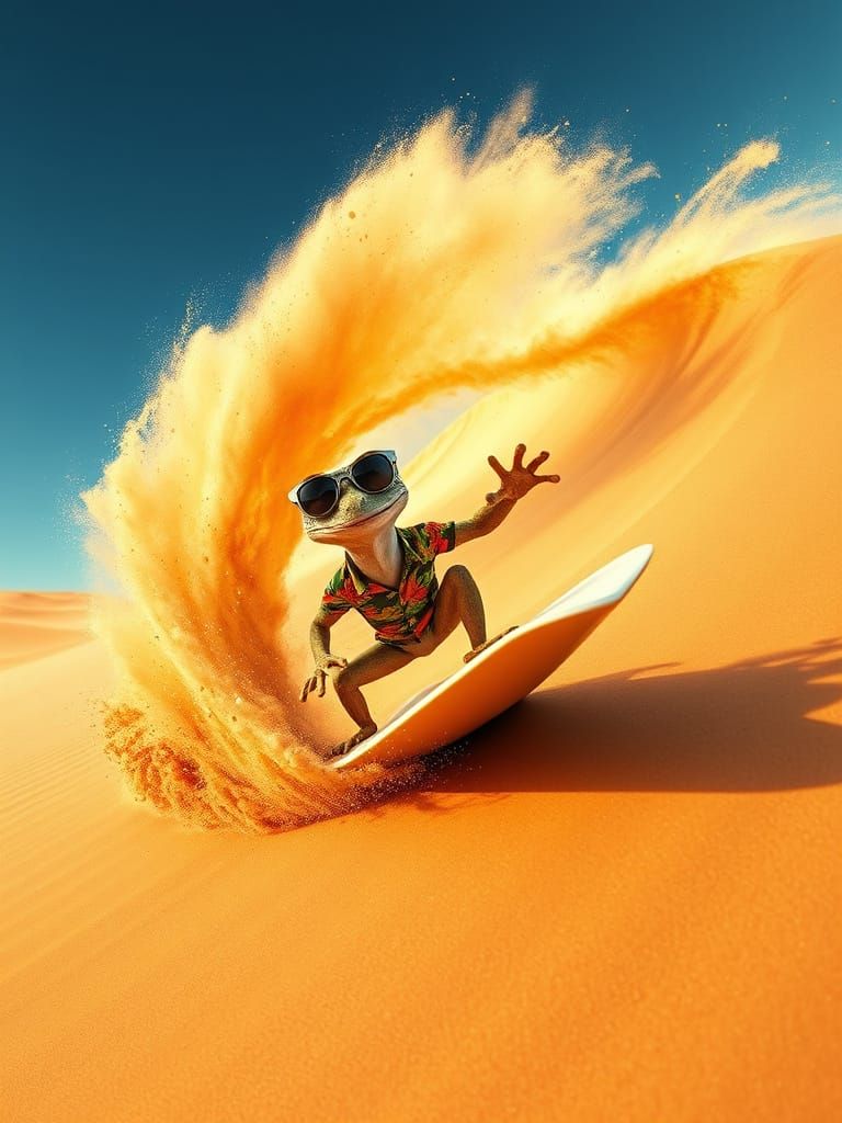 Dynamic Gecko Rides Desert Sand Wave in Hawaiian Style