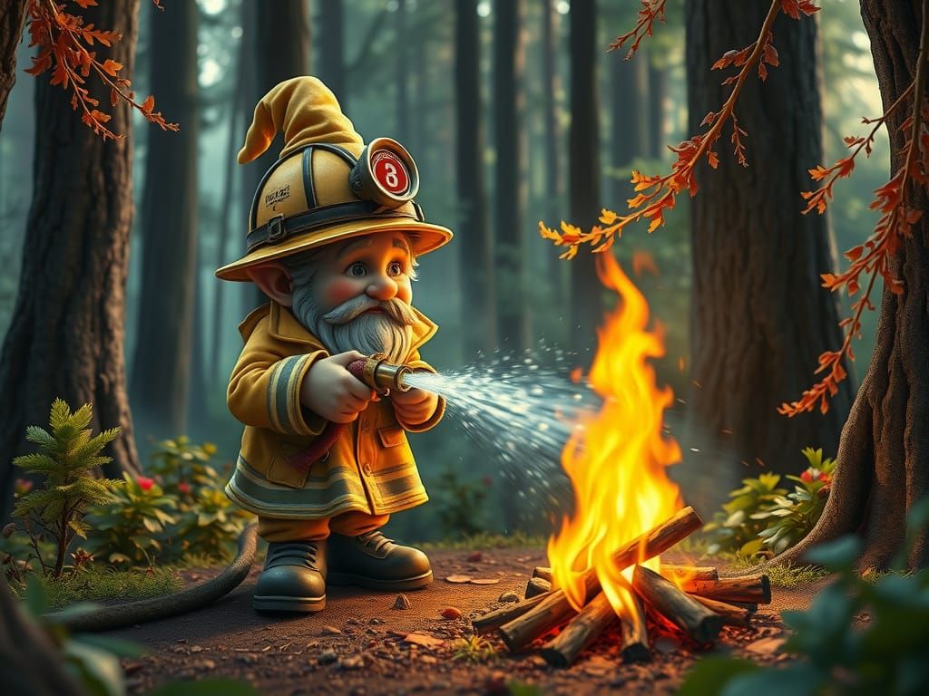 a fireman gnome, extinguishing a campfire
