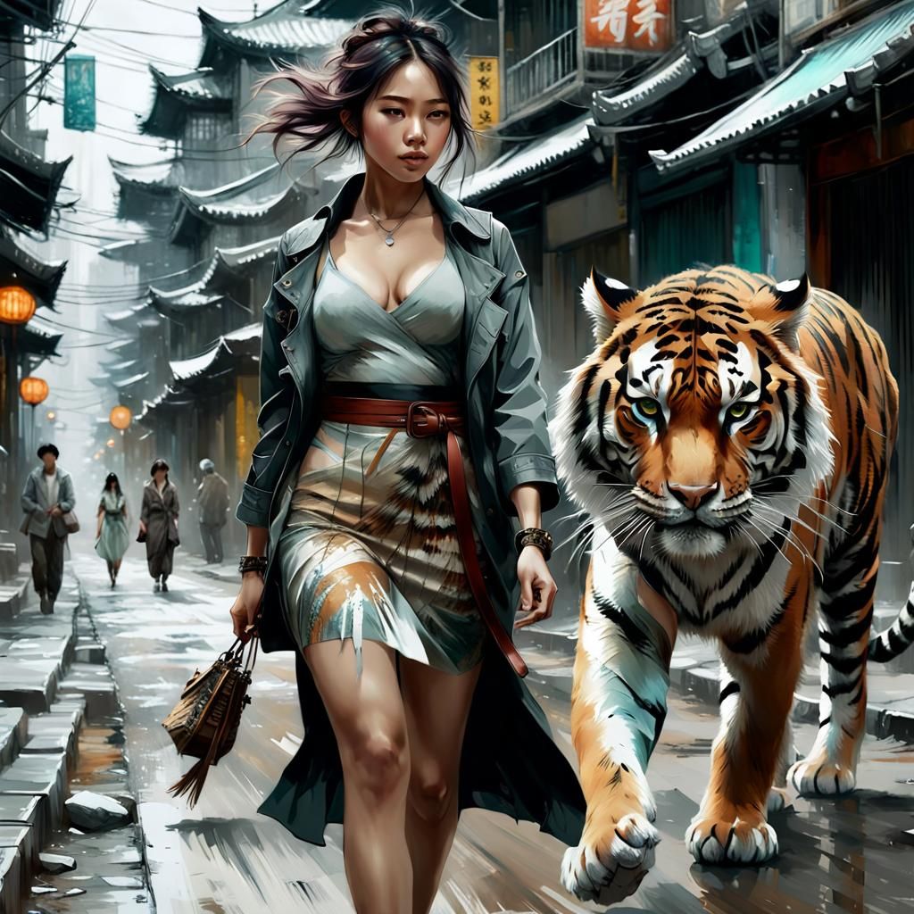 Woman and Tiger on Deserted Street: Hyperrealistic Digital A...