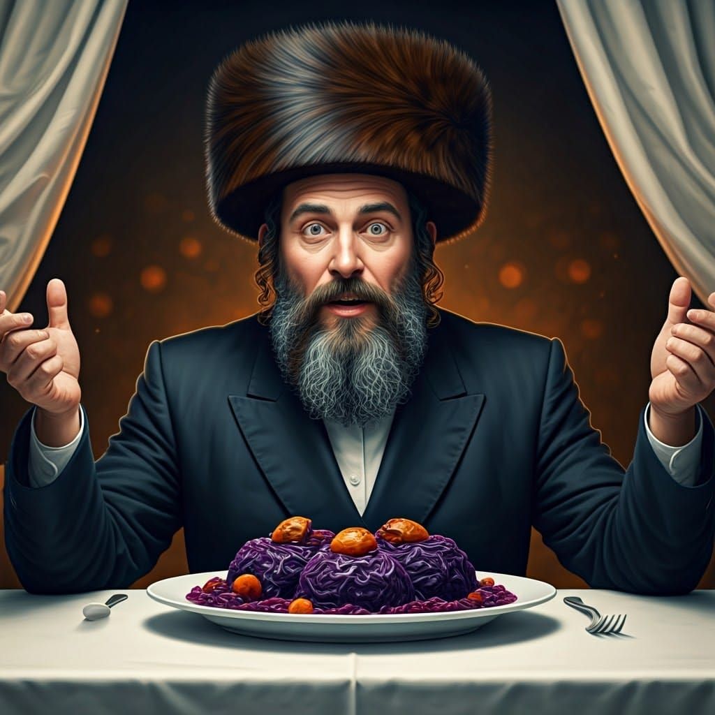 Enthusiastic Hasidic Man with Cabbage in Anime Style