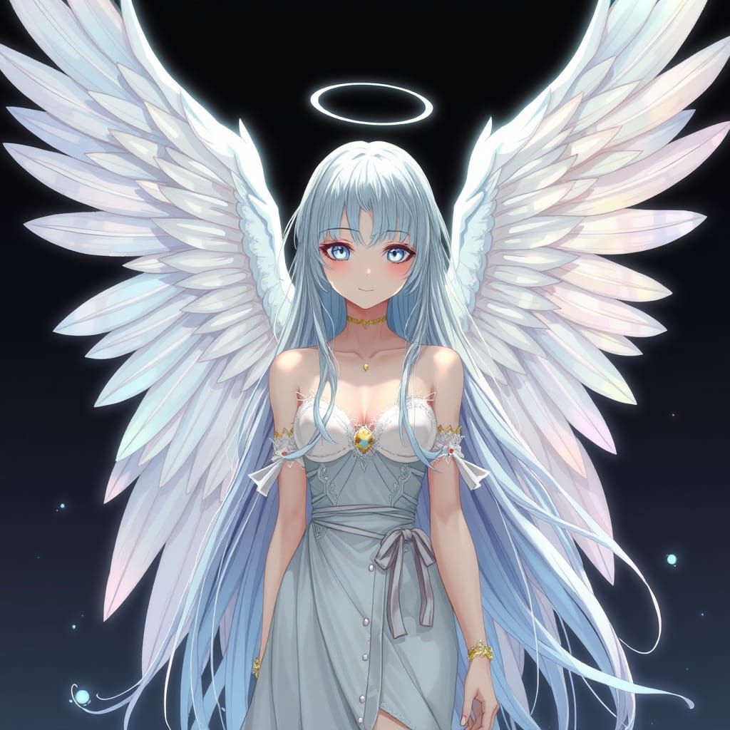 Anime Angel Descent with Silver Hair and Wings