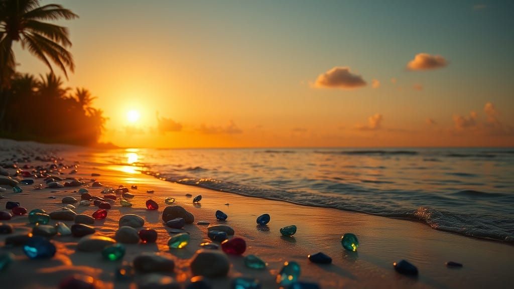 Tropical Beach at Dusk with Glittering Gemstones