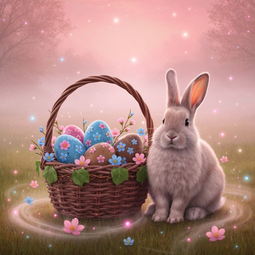 Fluffy Rabbit With Easter Eggs in Misty Meadow