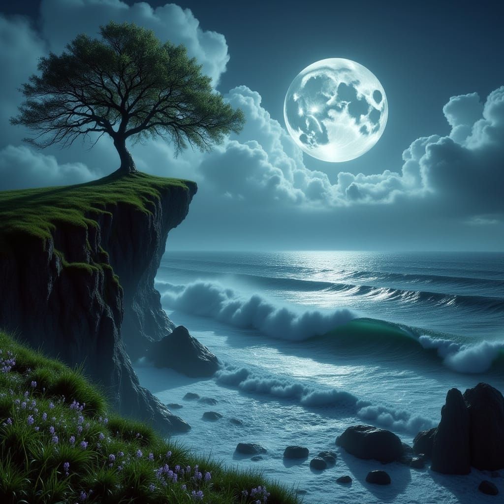Moonlit Cliffside Fantasy Landscape